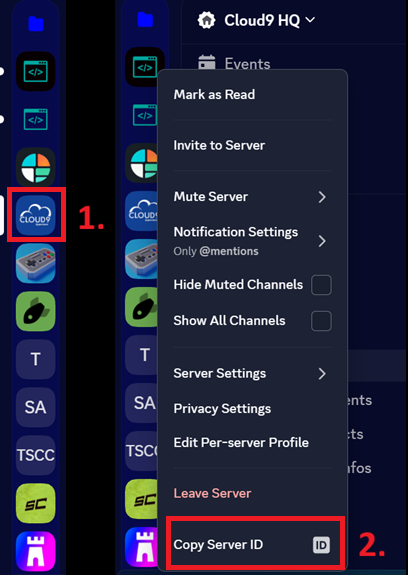 Screenshot, der zeigt, wie man auf ein Server-Icon rechtsklickt, um die Server-ID zu kopieren