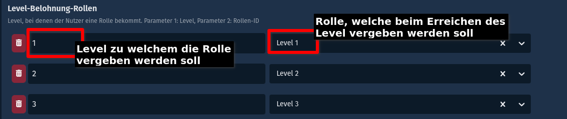 Screenshot der SCNX Dashboard Levelbelohnungskonfiguration