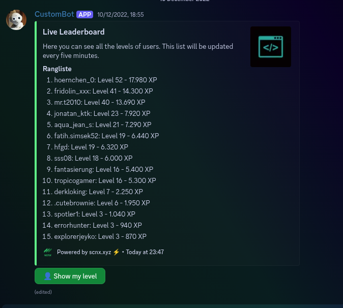 Screenshot of a live leaderboard from the ScootKit Server